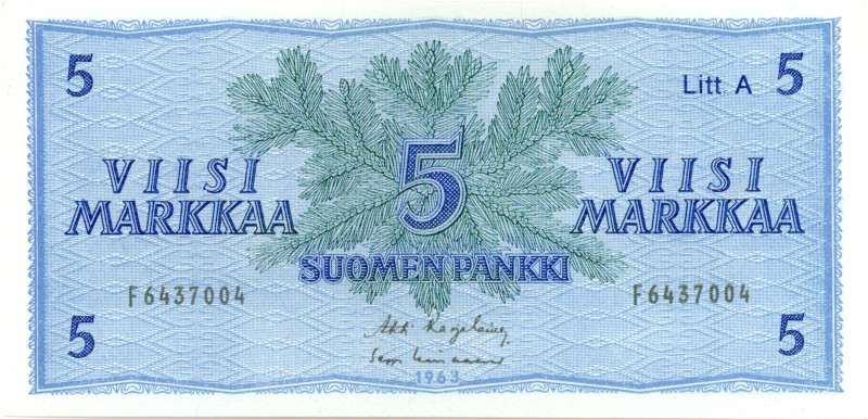 5 Markkaa 1963 Litt.A F6437004 kl.7